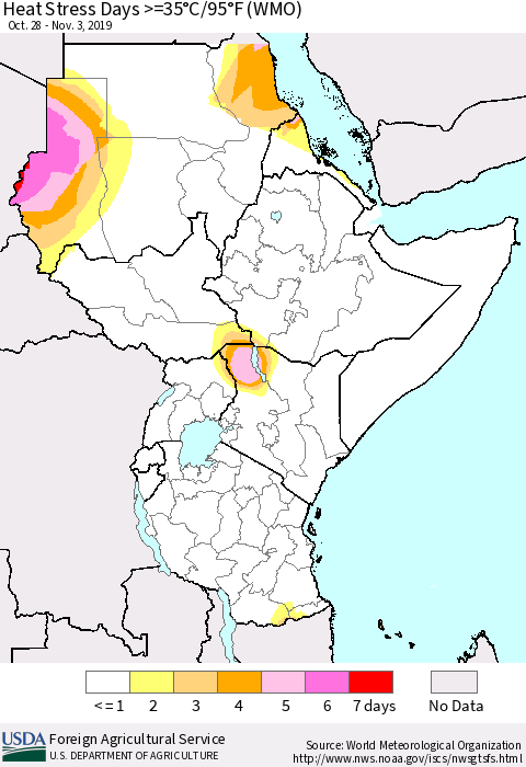 Eastern Africa Heat Stress Days >=35°C/95°F (WMO) Thematic Map For 10/28/2019 - 11/3/2019