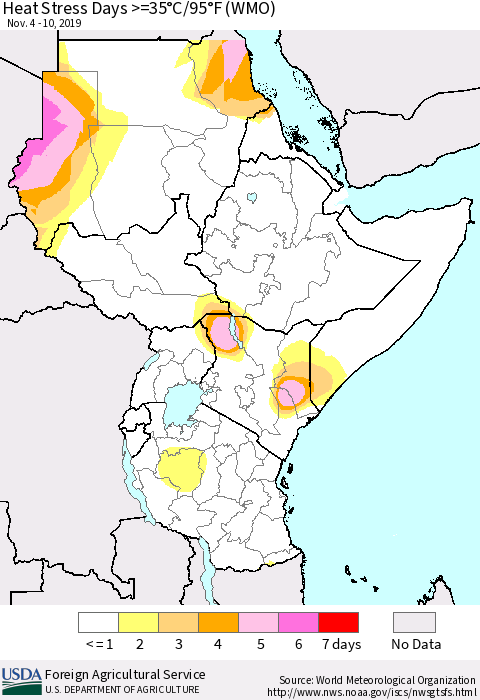 Eastern Africa Heat Stress Days >=35°C/95°F (WMO) Thematic Map For 11/4/2019 - 11/10/2019