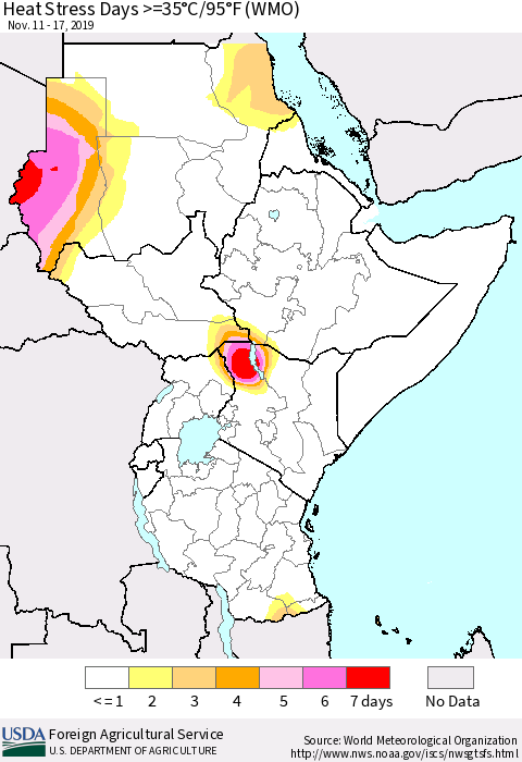 Eastern Africa Heat Stress Days >=35°C/95°F (WMO) Thematic Map For 11/11/2019 - 11/17/2019