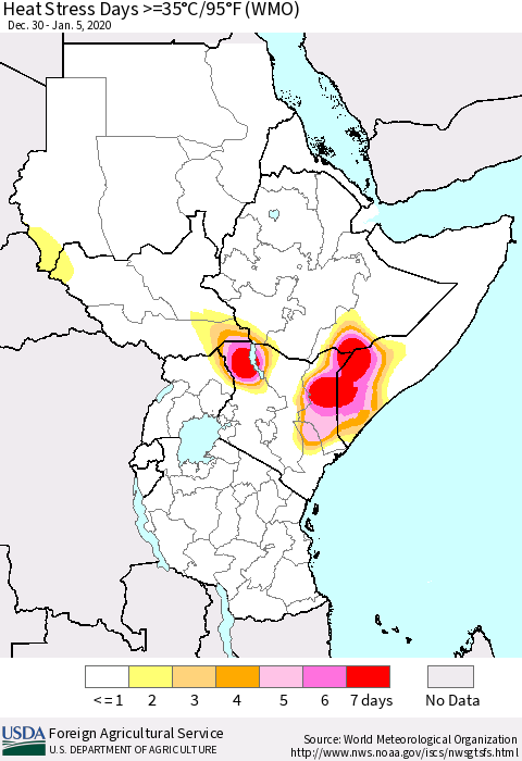 Eastern Africa Heat Stress Days >=35°C/95°F (WMO) Thematic Map For 12/30/2019 - 1/5/2020