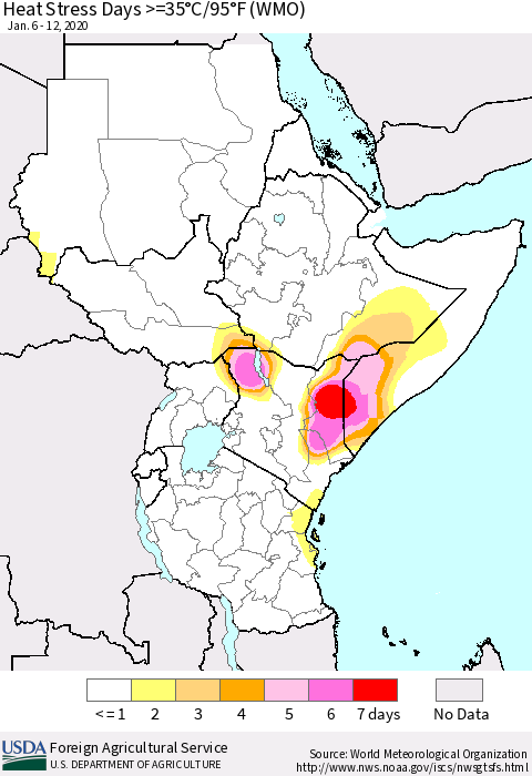 Eastern Africa Heat Stress Days >=35°C/95°F (WMO) Thematic Map For 1/6/2020 - 1/12/2020