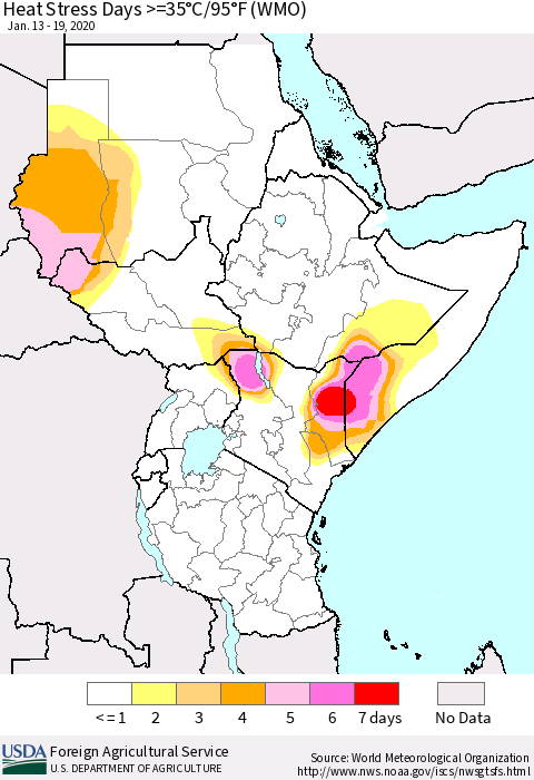 Eastern Africa Heat Stress Days >=35°C/95°F (WMO) Thematic Map For 1/13/2020 - 1/19/2020