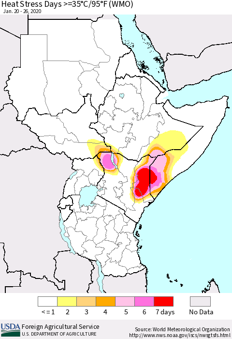 Eastern Africa Heat Stress Days >=35°C/95°F (WMO) Thematic Map For 1/20/2020 - 1/26/2020