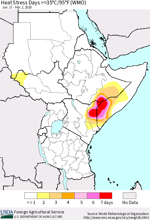 Eastern Africa Heat Stress Days >=35°C/95°F (WMO) Thematic Map For 1/27/2020 - 2/2/2020