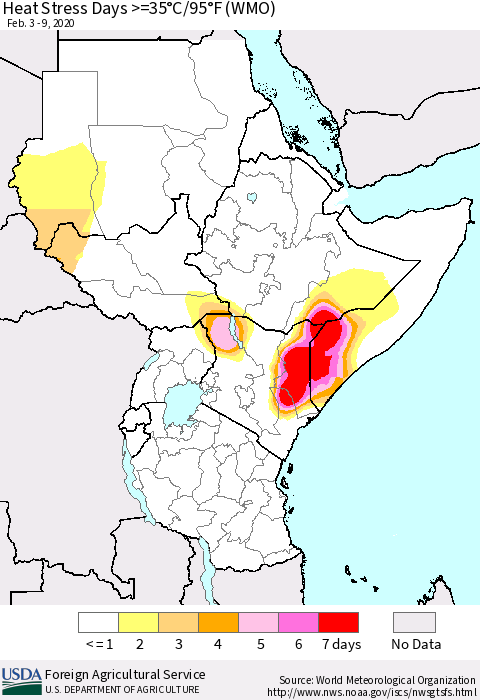 Eastern Africa Heat Stress Days >=35°C/95°F (WMO) Thematic Map For 2/3/2020 - 2/9/2020
