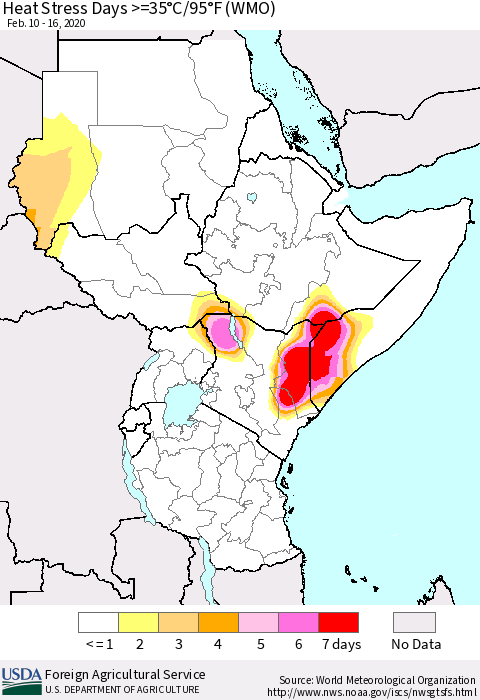 Eastern Africa Heat Stress Days >=35°C/95°F (WMO) Thematic Map For 2/10/2020 - 2/16/2020