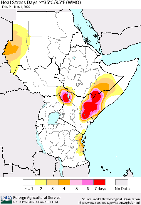 Eastern Africa Heat Stress Days >=35°C/95°F (WMO) Thematic Map For 2/24/2020 - 3/1/2020
