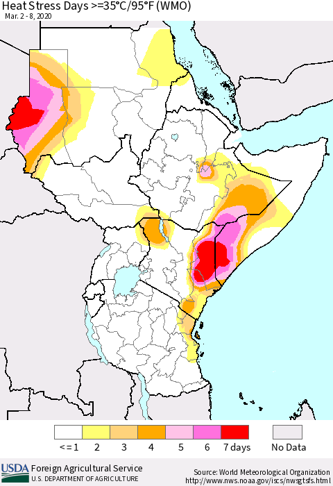 Eastern Africa Heat Stress Days >=35°C/95°F (WMO) Thematic Map For 3/2/2020 - 3/8/2020