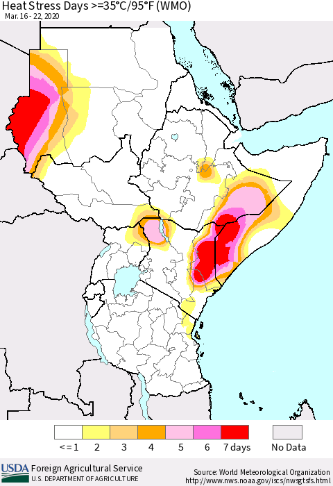 Eastern Africa Heat Stress Days >=35°C/95°F (WMO) Thematic Map For 3/16/2020 - 3/22/2020