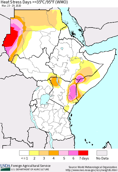 Eastern Africa Heat Stress Days >=35°C/95°F (WMO) Thematic Map For 3/23/2020 - 3/29/2020