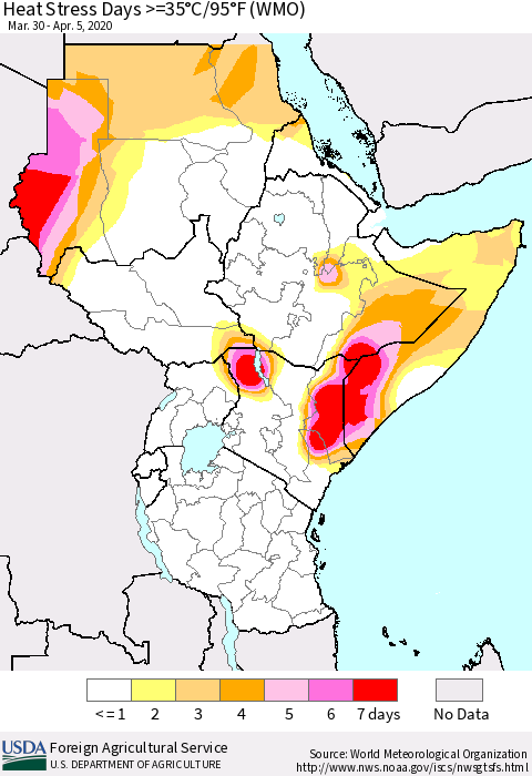 Eastern Africa Heat Stress Days >=35°C/95°F (WMO) Thematic Map For 3/30/2020 - 4/5/2020