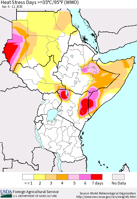 Eastern Africa Heat Stress Days >=35°C/95°F (WMO) Thematic Map For 4/6/2020 - 4/12/2020