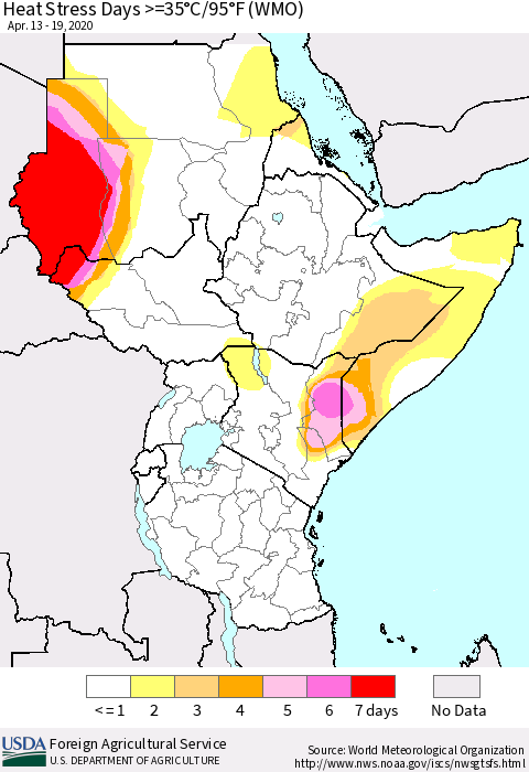 Eastern Africa Heat Stress Days >=35°C/95°F (WMO) Thematic Map For 4/13/2020 - 4/19/2020