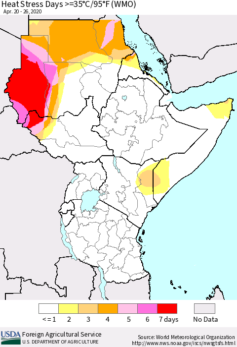 Eastern Africa Heat Stress Days >=35°C/95°F (WMO) Thematic Map For 4/20/2020 - 4/26/2020