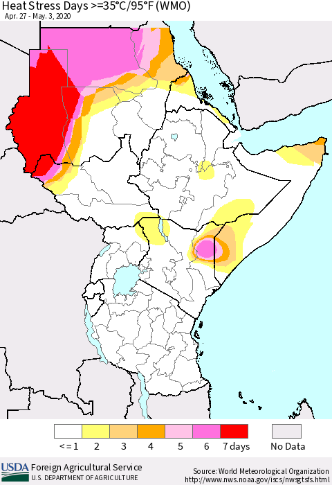 Eastern Africa Heat Stress Days >=35°C/95°F (WMO) Thematic Map For 4/27/2020 - 5/3/2020