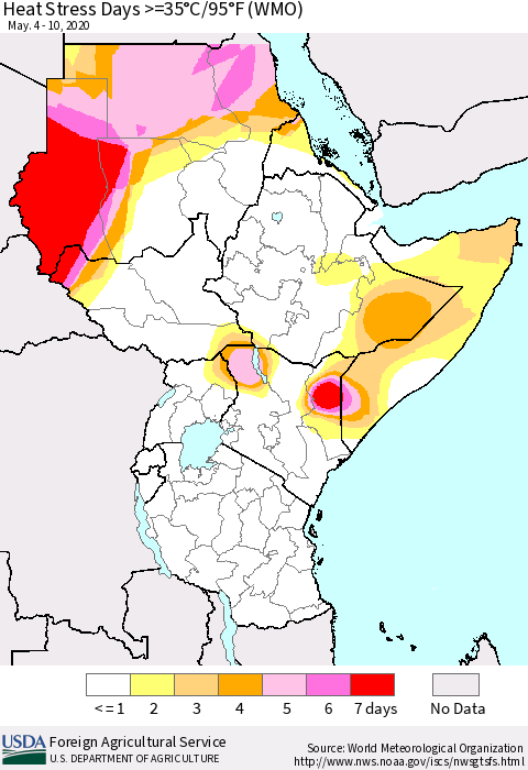 Eastern Africa Heat Stress Days >=35°C/95°F (WMO) Thematic Map For 5/4/2020 - 5/10/2020