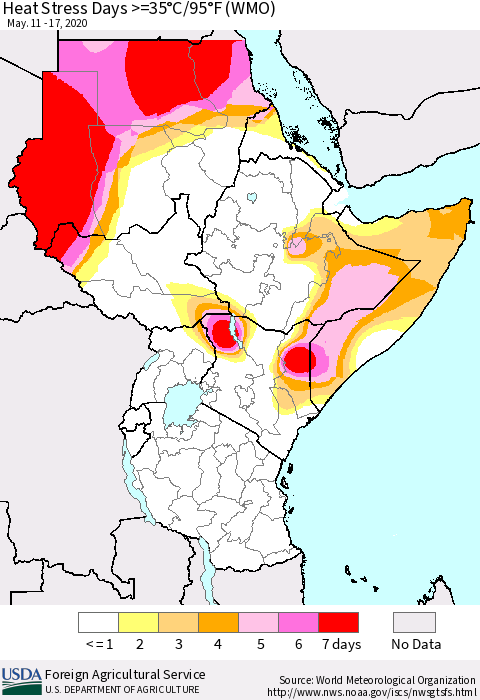 Eastern Africa Heat Stress Days >=35°C/95°F (WMO) Thematic Map For 5/11/2020 - 5/17/2020