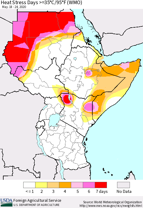 Eastern Africa Heat Stress Days >=35°C/95°F (WMO) Thematic Map For 5/18/2020 - 5/24/2020