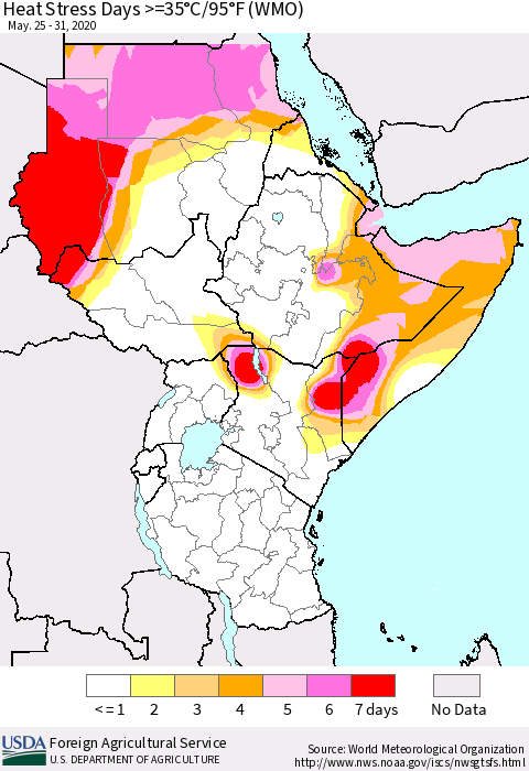Eastern Africa Heat Stress Days >=35°C/95°F (WMO) Thematic Map For 5/25/2020 - 5/31/2020