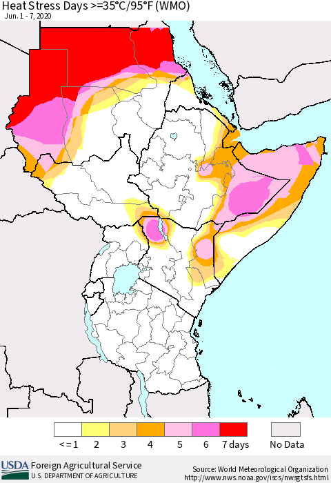 Eastern Africa Heat Stress Days >=35°C/95°F (WMO) Thematic Map For 6/1/2020 - 6/7/2020