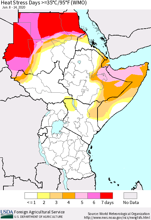 Eastern Africa Heat Stress Days >=35°C/95°F (WMO) Thematic Map For 6/8/2020 - 6/14/2020