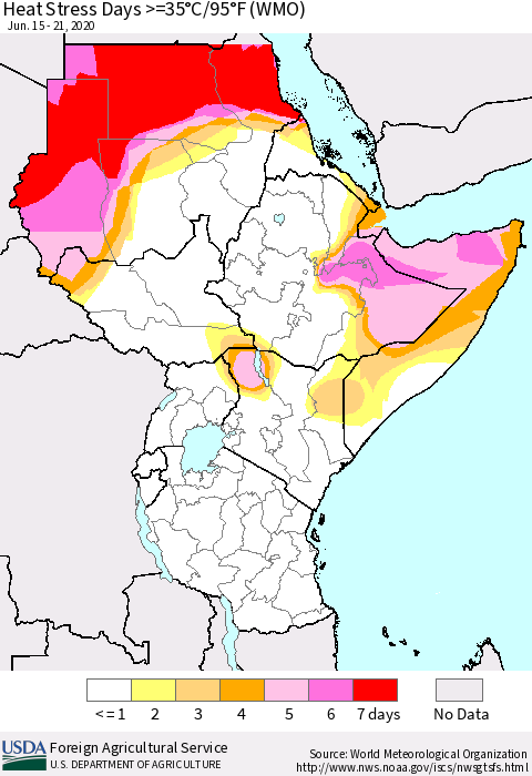 Eastern Africa Heat Stress Days >=35°C/95°F (WMO) Thematic Map For 6/15/2020 - 6/21/2020