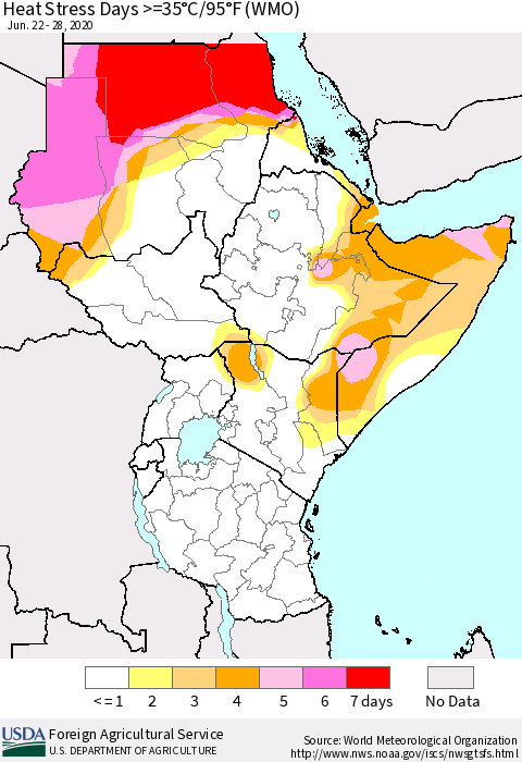 Eastern Africa Heat Stress Days >=35°C/95°F (WMO) Thematic Map For 6/22/2020 - 6/28/2020