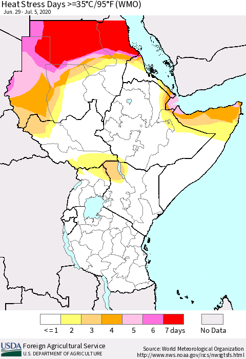 Eastern Africa Heat Stress Days >=35°C/95°F (WMO) Thematic Map For 6/29/2020 - 7/5/2020