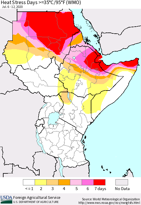 Eastern Africa Heat Stress Days >=35°C/95°F (WMO) Thematic Map For 7/6/2020 - 7/12/2020