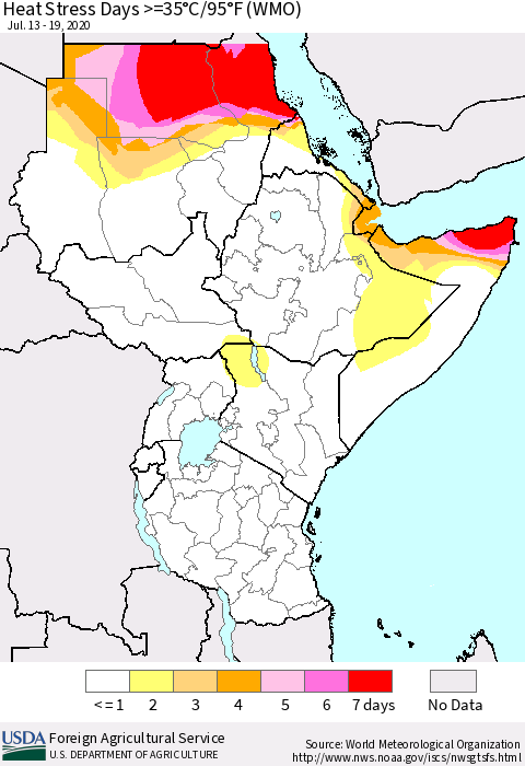 Eastern Africa Heat Stress Days >=35°C/95°F (WMO) Thematic Map For 7/13/2020 - 7/19/2020