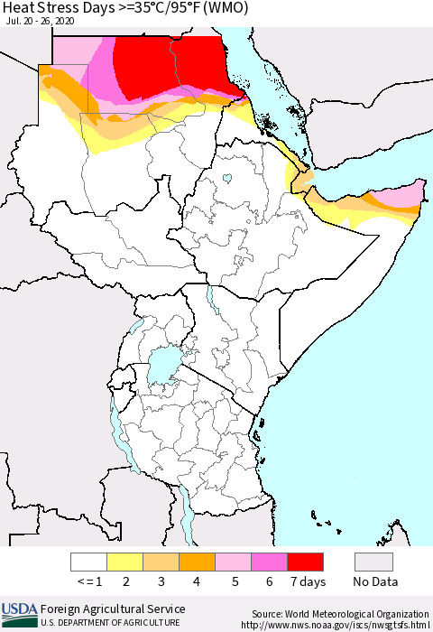 Eastern Africa Heat Stress Days >=35°C/95°F (WMO) Thematic Map For 7/20/2020 - 7/26/2020