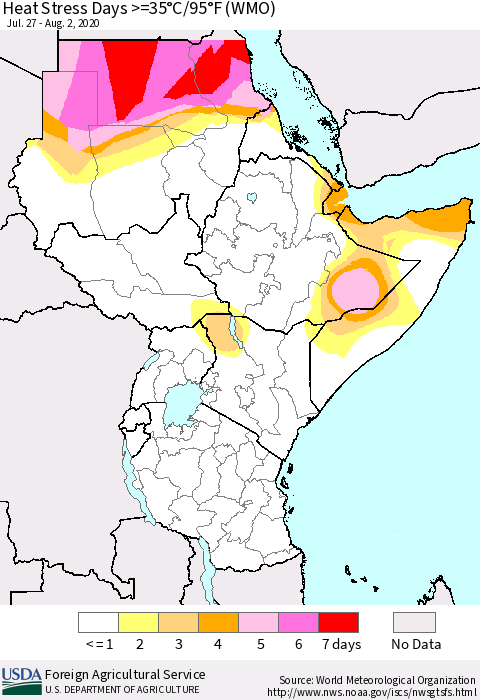 Eastern Africa Heat Stress Days >=35°C/95°F (WMO) Thematic Map For 7/27/2020 - 8/2/2020