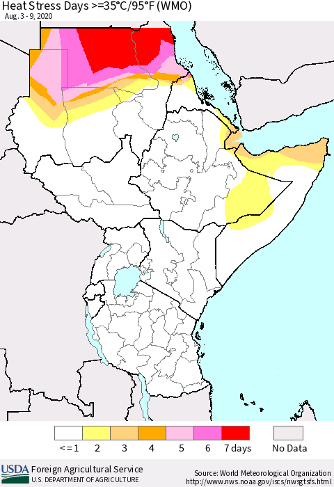 Eastern Africa Heat Stress Days >=35°C/95°F (WMO) Thematic Map For 8/3/2020 - 8/9/2020