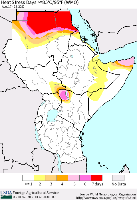 Eastern Africa Heat Stress Days >=35°C/95°F (WMO) Thematic Map For 8/17/2020 - 8/23/2020
