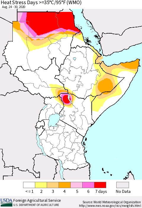 Eastern Africa Heat Stress Days >=35°C/95°F (WMO) Thematic Map For 8/24/2020 - 8/30/2020