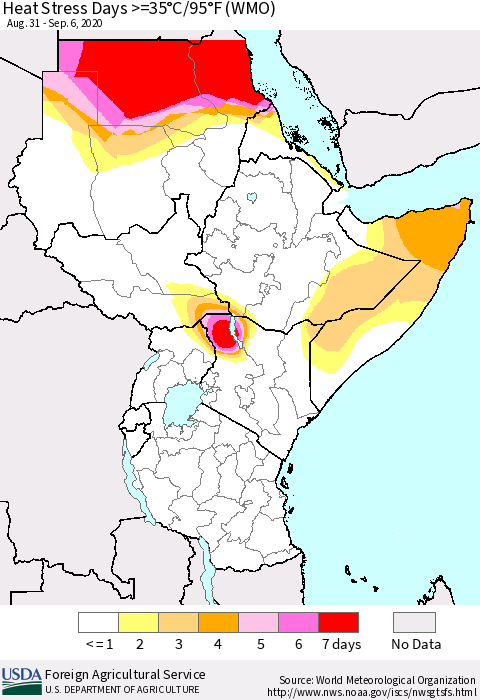 Eastern Africa Heat Stress Days >=35°C/95°F (WMO) Thematic Map For 8/31/2020 - 9/6/2020