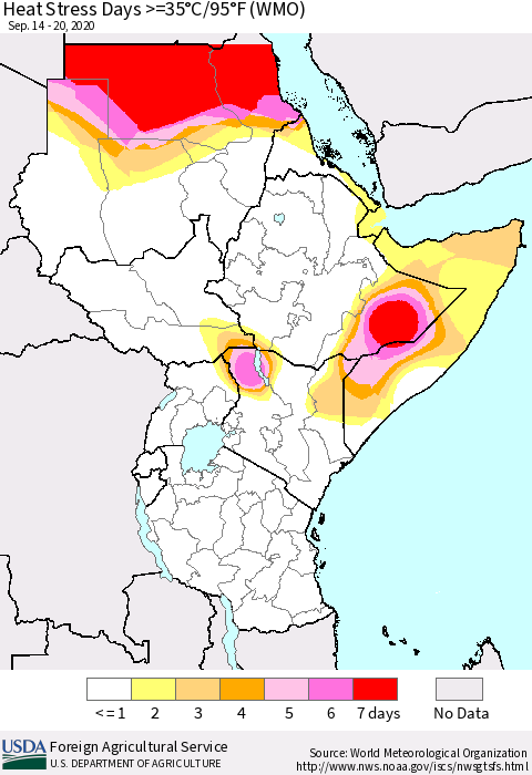Eastern Africa Heat Stress Days >=35°C/95°F (WMO) Thematic Map For 9/14/2020 - 9/20/2020