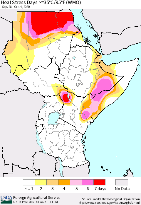 Eastern Africa Heat Stress Days >=35°C/95°F (WMO) Thematic Map For 9/28/2020 - 10/4/2020