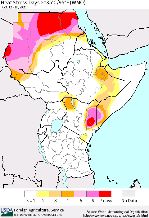 Eastern Africa Heat Stress Days >=35°C/95°F (WMO) Thematic Map For 10/12/2020 - 10/18/2020