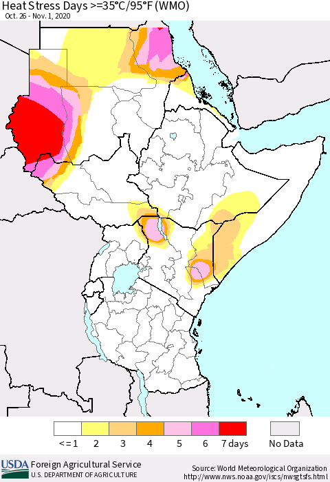 Eastern Africa Heat Stress Days >=35°C/95°F (WMO) Thematic Map For 10/26/2020 - 11/1/2020