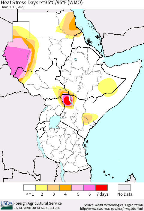 Eastern Africa Heat Stress Days >=35°C/95°F (WMO) Thematic Map For 11/9/2020 - 11/15/2020