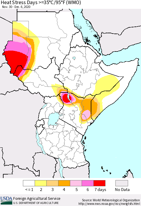 Eastern Africa Heat Stress Days >=35°C/95°F (WMO) Thematic Map For 11/30/2020 - 12/6/2020
