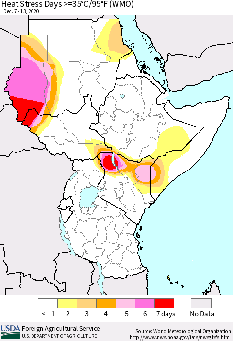 Eastern Africa Heat Stress Days >=35°C/95°F (WMO) Thematic Map For 12/7/2020 - 12/13/2020