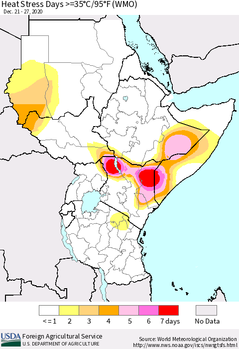 Eastern Africa Heat Stress Days >=35°C/95°F (WMO) Thematic Map For 12/21/2020 - 12/27/2020