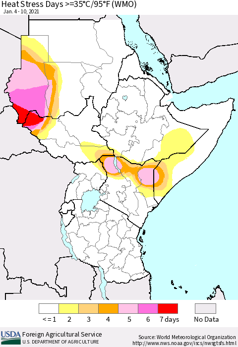Eastern Africa Heat Stress Days >=35°C/95°F (WMO) Thematic Map For 1/4/2021 - 1/10/2021
