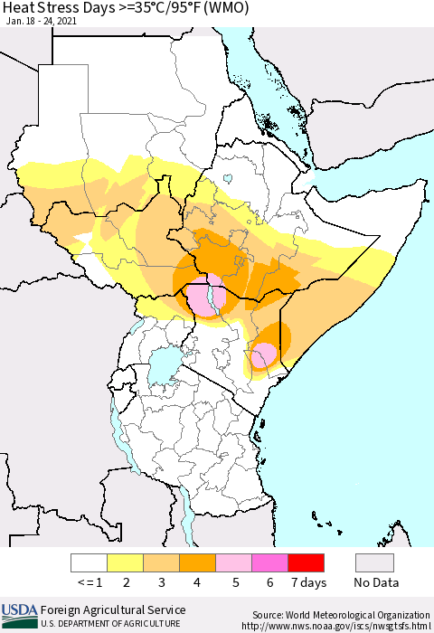 Eastern Africa Heat Stress Days >=35°C/95°F (WMO) Thematic Map For 1/18/2021 - 1/24/2021