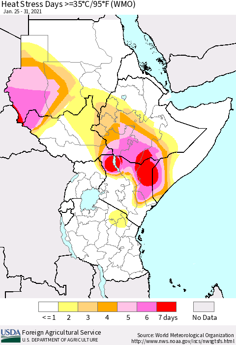Eastern Africa Heat Stress Days >=35°C/95°F (WMO) Thematic Map For 1/25/2021 - 1/31/2021