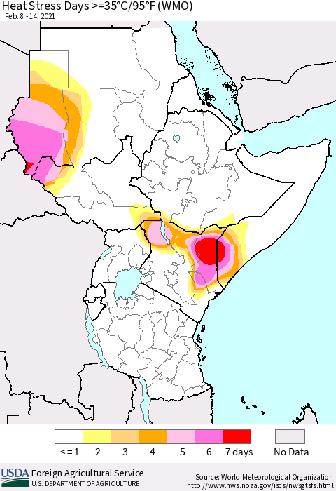 Eastern Africa Heat Stress Days >=35°C/95°F (WMO) Thematic Map For 2/8/2021 - 2/14/2021
