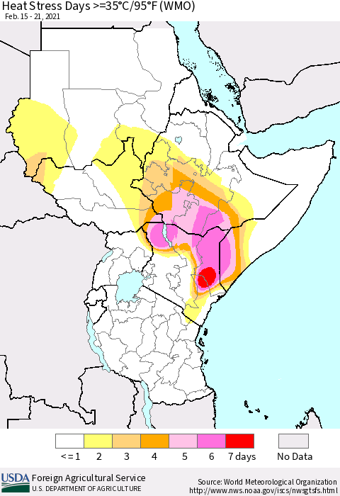 Eastern Africa Heat Stress Days >=35°C/95°F (WMO) Thematic Map For 2/15/2021 - 2/21/2021