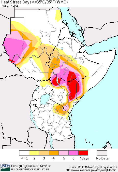 Eastern Africa Heat Stress Days >=35°C/95°F (WMO) Thematic Map For 3/1/2021 - 3/7/2021